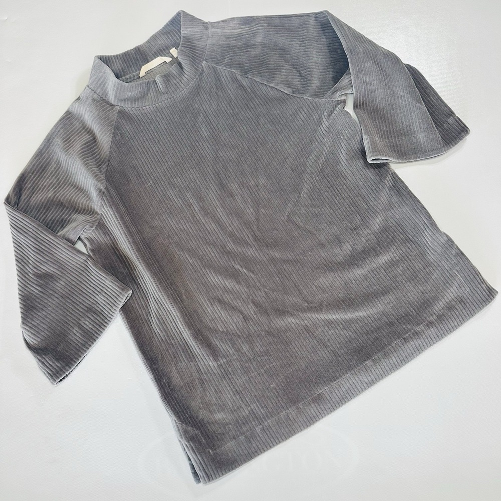 Soft Surroundings‎ Gray Ribbed Velvet Mock Neck Top Size L Long Sleeve